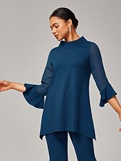 preiswerte Blusen-Dunkelblaue Chiffon-Modal-Slim-Fit-Bluse für Damen mit transparenten Ärmeln, elegant, leicht, atmungsaktiv, fürs Büro, Abendessen oder Date