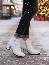 preiswerte Stiefeletten-Weiße Damen-Stiefeletten aus Kunstleder mit Jacquard und Blockabsatz – stylische kurze Winterstiefeletten für Damen, ideal für Urlaubspartys, Outdoor-Bekleidung und lässigen Streetstyle