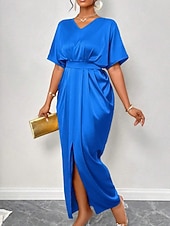 abordables Robe de cocktail-Femmes Robe Longue Maxi Robe Robe de Soirée Robe de Cocktail Robe en Satin Élégant Moderne Soirée Coupe régulière Uni Manche Courte Col en V Noir Jaune Bleu Roi Vert foncé Automne Hiver