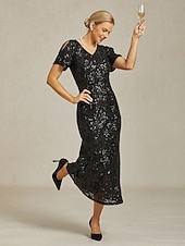  Per donna Abito maxi Tubino Abito a sirena Elegante Festa cocktail Spalle scoperte Festa serale Cocktail party Paillettes Floreale Manica Corta Scollo a V Nero