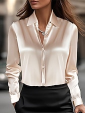  Per donna Camicia Elegant Top in raso A calotta di seta Bottoni Tinta unica Elegante Essenziale Casual Manica Lunga Colletto a Camicia Top Regolari Quotidiano Ferie Blu Argento Nero Bianco Champagne