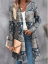 abordables Manteaux 3D-Femmes Manteau d&#039;Hiver Trench Léger Confortable Imprimé Front ouvert ancien Mode Occasionnel Boho Vintage Géométrique Vacances Occasionnel Long Sans Col Coupe régulière manche longue Vêtements