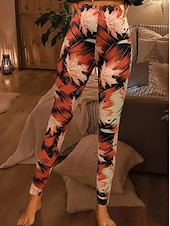 tanie wzór kwiatowy-Damskie Getry Urlop Zabytkowe Moda Pełna długość Wysoka talia Kwiaty Graficzny Kształt listka Drukowanie Keep Warm Miękka Oddychający Elastyczny Urlop Ulica Czarny Pomarańczowy Brązowy Wiosna Jesie