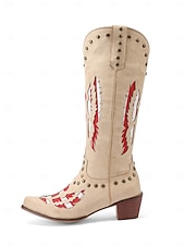 Broderade cowboystövlar i westernstil för kvinnor, svart och röd design med nitar, perfekta för holloween-festivaler, countrykonserter och vardagliga outfits billiga Cowboy & Western Boots-Broderade cowboystövlar i westernstil för kvinnor, svart och röd design med nitar, perfekta för holloween-festivaler, countrykonserter och vardagliga outfits