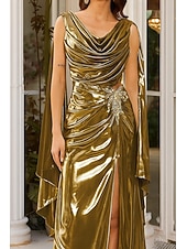 トランペット/マーメイド タイト/コラム イブニングドレス エレガント フォーマルドレス フォーマル 結婚式 スイープ/ブラシトレーン ノースリーブ カウルネック ケープ ルレックス生地 とともに グリッター素材 プリーツ クリスタル装飾 2025 お買い得  マーメイドイブニングドレス-トランペット/マーメイド タイト/コラム イブニングドレス エレガント フォーマルドレス フォーマル 結婚式 スイープ/ブラシトレーン ノースリーブ カウルネック ケープ ルレックス生地 とともに グリッター素材 プリーツ クリスタル装飾 2025