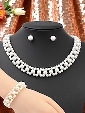 cheap Women&#039;s Necklace-Women&#039;s Pearl Jewelry Set with Crystal Flower Accents - Vintage Gatsby Style Necklace, Earrings and Bracelet for 1920s Party and Cocktail Events