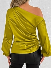 voordelige Elegante topjes-Dames Overhemd Satijnen overhemd Effen Kleur Stijlvol Casual Lange mouw koude schouder Normale tops Dagelijks Uitgaan Asymmetrisch Geel Bruin Lente Herfst