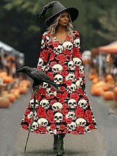 billiga Halloween klänning-Halloween Dam Maxiklänning A linjeklänning Semester Ledigt Boho Strand Normal Blommig Grafisk Långärmad V-hals Mörklila Svart Rodnande Rosa Vin Vår Höst