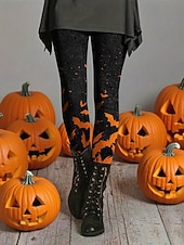 billiga Halloween Bottoms-Dam Byxor Damasker Mysiga leggings Streetwear Ledigt Fullängd Hög midjaPantsHalloween Fladdermus Elastisk midja Mönster Mateial som andas Bekväm Elastisk Semester Gata Dagliga kläder Svart Sommar Vår