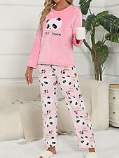 cheap Women&#039;s Sleep Tops &amp; Bottoms-Women&#039;s Pajamas Loungewear Pajama Set Flannel Warm Fashion Panda Elastic Waist Pant Home Daily Long Sleeve Crew Neck White Pink Light Blue Fall Winter Loose Fit