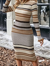 baratos Vestidos de suéter-Mulheres Vestido midi Vestido Suéte Vestido da bainha Moderno Diário Para Noite Normal Listrado Manga Longa Gola Redonda Cáqui Outono Inverno