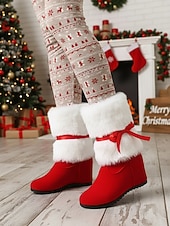 economico Stivali alla moda-stivali da donna con zeppa foderati in pelliccia rossa e fiocco - comodi stivali invernali per feste, Natale, uscite informali e abbigliamento per il freddo