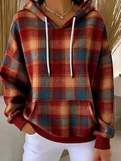 abordables Sudaderas a Rayas y Geométricas-Mujer Sudadera con capucha Pullover Estampado Bolsillo delantero Graphic Geométrico Plaid Cálido Vintage Casual Manga Larga Con Capucha Tops regulares Casual Calle Uso Diario Azul Piscina Amarillo