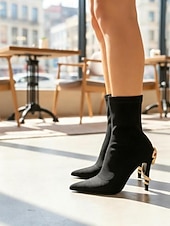 abordables Botines-Botines de tacón de aguja para mujer: ante negro con diseño de serpiente dorado, elegantes botines góticos de tacón alto para cócteles y disfraces de Halloween.