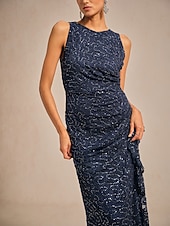  Women's Maxi Dress Sheath Dress Elegant Evening Party Wedding Guest Sequins Ruffle Glitter Regular Fit Solid Color Sleeveless Crew Neck Navy Blue