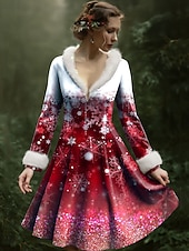 cheap Christmas Dresses-Christmas Women&#039;s Mini Dress A Line Dress Vacation Party Casual Party Daily Holiday Regular Fit Snowflake Long Sleeve V Neck Red Blue Purple Green Fall Winter