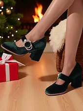 billiga 50-tals retro-Gröna Mary Jane-klackar i sammet med grov blockklack och pärlspänne - vintage retro-skor från 1950-talet för damer, perfekta för julfester och bröllop. &amp;kvällsevenemang