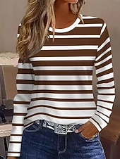 abordables Camiseta a rayas y geométrica-Mujer Camiseta Estampado Graphic A Rayas Vintage Moda Elegante Manga Larga Cuello Barco Tops regulares Diario Fin de semana Azul Piscina Blanco Caqui Otoño Invierno