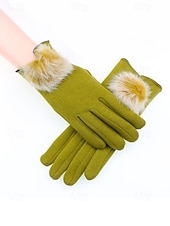 abordables Guantes de mujer-Guantes táctiles navideños para mujer con pompones de piel sintética de conejo, tejido de poliéster cálido, varios colores, perfectos para la moda de invierno y regalos navideños.