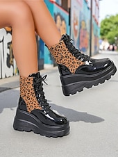 levne Platformové boty-Dámské černé lakované kotníkové boty na platformě s leopardím potiskem, robustní šněrovací boty v bojovém stylu pro streetwear &amp;večer venku