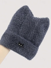 Недорогие Женские шляпы-Женская пушистая вязаная шапка с кошачьими ушками, милая зимняя теплая шапка с вышивкой черного кота, стильный рождественский подарок для девочек и женщин