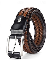 levne Pánské opasky-Pánský pletený opasek z pravé kůže – klasický tkaný design s leštěnou přezkou, odolný a nastavitelný doplněk v pase pro ležérní, obchodní a golfové outfity
