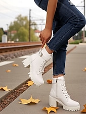 Χαμηλού Κόστους Μπότες μάχης-Γυναικείες λευκές μπότες με χοντρό τακούνι και δετά κορδόνια, κομψές μπότες μάχης με ψηλοτάκουνο και ρυθμιζόμενη αγκράφα, μοντέρνα υποδήματα για casual και υπαίθριες περιστάσεις.