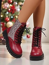 Botas de combate con purpurina roja para mujer: botines con cordones brillantes para mujer, ideales para Navidad, fiestas de invierno y salidas festivas. abordables Zapatos de Navidad para Mujeres-Botas de combate con purpurina roja para mujer: botines con cordones brillantes para mujer, ideales para Navidad, fiestas de invierno y salidas festivas.
