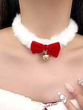 voordelige Dames ketting-Kerstchoker met fluwelen strik voor dames, met imitatiebont en gouden bel, feestelijke feestdagenhalsketting voor kerstfeestjes en wintervieringen