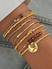 cheap Women&#039;s Bracelet-Women&#039;s Bohemian Beaded Layered Bracelet Set – Gold and Brown Multi-Strand Bangles with Heart &amp; Charm Accents, Fashion Jewelry for Parties, Festivals and Everyday Wear