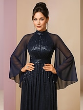 ieftine Lungimea podelei-Rochie de invitată la nuntă A-Line lungă rochii formale rochie de seară rochie pentru mama miresei cu mâneci lungi gât înalt elegantă vintage strălucire și strălucire spandex cu paiete