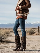 levne Cowboy &amp; Western Boots-Dámské kozačky v bohémském stylu do půli lýtek s nýtovaným páskem, retro kovbojské botičky na vysokém podpatku pro ležérní outfity &amp;festivalové oblečení