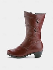 billiga Ankelstövlar-Bruna damstövlar till halvhög vad med låga klackar och dragkedja i sidan, bekväma läderskor för vardagsbruk och arbete &amp;höstvinterkläder