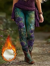 preiswerte -Damen Leggings Gemütliche Leggings Vintage Mode Streetwear Volle Länge Hohe TaillePantsWeihnachten Blumen Grafik Drucken Fleece Thermowarm Bequem Dehnbar Outdoor Alltagstauglich Blau Herbst Winter