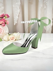 billige Pumps med blokkhæl-dame oransje sateng pumps med blokkhæl og perlemor &amp;bånd ankelstropp - elegante spisse høyhælte sko til bryllup, fester &amp;kveldsarrangementer