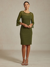  Dam Midiklänning Sheath Dress Elegant Normal Ensfärgat Halvlång ärm Rund hals Oliv