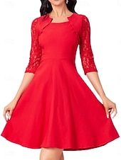 cheap Plain Dress-Women's Mini Dress A Line Dress Elegant Party Cocktail Outdoor Party Wedding Lace Patchwork Regular Fit Solid Color 3/4 Length Sleeve Square Neck Pink Wine Red