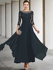 cheap Ankle Length-A-Line Ankle Length Party Dress Cocktail Dress Wedding Guest Dress Mother of the Bride Dress 3/4 Length Sleeve Jewel Neck Elegant Plus Size Wedding Guest Wedding Party Chiffon Lace with Ruched Sequin