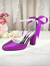 billige Pumps med blokkhæl-dame oransje sateng pumps med blokkhæl og perlemor &amp;bånd ankelstropp - elegante spisse høyhælte sko til bryllup, fester &amp;kveldsarrangementer