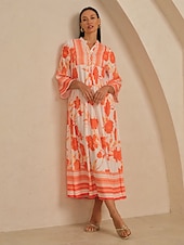 Недорогие Цветочные платья-Женское платье макси из оранжевого атласа, свободного кроя, рукав 3/4, V-образный вырез, воротник-стойка, цветочный гавайский принт, элегантное, для отпуска, на каждый день, весна-лето