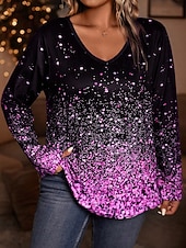 abordables T-shirt grande taille-Femmes Grande taille Hauts T-shirt Géométrie Imprimé manche longue Col en V Occasionnel Quotidien Polyester Automne Hiver Bleu Violet