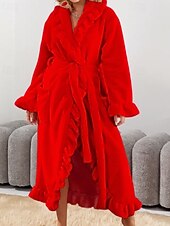 cheap Women's Onesies-Women's Pajamas Robe Flannel Warm Fashion Pure Color Ruffle Pocket Home Daily Bed Long Sleeve Crew Neck Black White Pink Red Purple Fall Winter Regular Fit