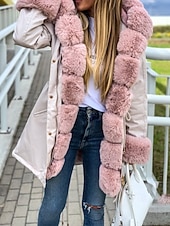 billige Pels &amp; Lær-Dame Vinterfrakk Frakk Fuskepels Hold Varm Bekvem Lomme Knapper Fritid Fargeblokk Feriereise Gate Avslappet Ferie Lang Med hette Normal Langermet Yttertøy Svart Rosa Brun Høst Vinter