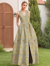 זול שמלות ערב בקו A-גזרת A עד הריצפה שמלות ערב אלגנטית וינטאג' ללא שרוולים צווארון V חתונה רשמי ניילון עם שסע כיס