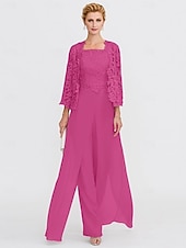 abordables Combinaisons pour maman-Pantalon de mariage de plage 3 pièces mère de la mariée invité de mariage élégant taille plus décolleté carré longueur de sol en chiffon dentelle cordée sans manches enveloppe incluse avec appliqués