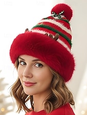 voordelige Dameshoeden-Kerstmuts met strepen voor dames met rendiergewei – polyester materiaal, feestelijk ontwerp voor feestdagen en winterkleding