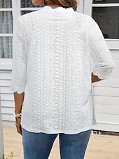 abordables Tops de Encaje-Mujer Camisa de encaje Blusa Tops elegantes Ribete de encaje Plano Elegante damas Clásico Media Manga Tops regulares Diario Trabajo Festivos Blanco Verano Primavera