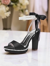 abordables Demoiselle d&amp;#39;honneur-Escarpins à plateforme en satin rose pour femme avec bride cheville en perles et nœud - sandales élégantes à talons hauts pour cocktails et événements formels
