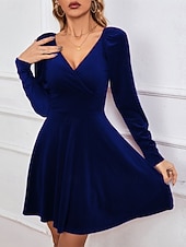 Świąteczna sukienka mini z weluru dla kobiet sukienka w kształcie litery A elegancka na przyjęcia koktajlowa na świeżym powietrzu regularne dopasowanie jednolity kolor długi rękaw dekolt w serek tanie Sukienki świąteczne-Świąteczna sukienka mini z weluru dla kobiet sukienka w kształcie litery A elegancka na przyjęcia koktajlowa na świeżym powietrzu regularne dopasowanie jednolity kolor długi rękaw dekolt w serek