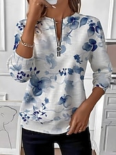 preiswerte Blumen-Hoodies-Damen Pullover Sweatshirt Reißverschluss Druck Blumen Grafik Mode Lässig Langarm Rundhals Normale Oberteile Straße Alltagskleidung Blau Purpur Herbst Winter